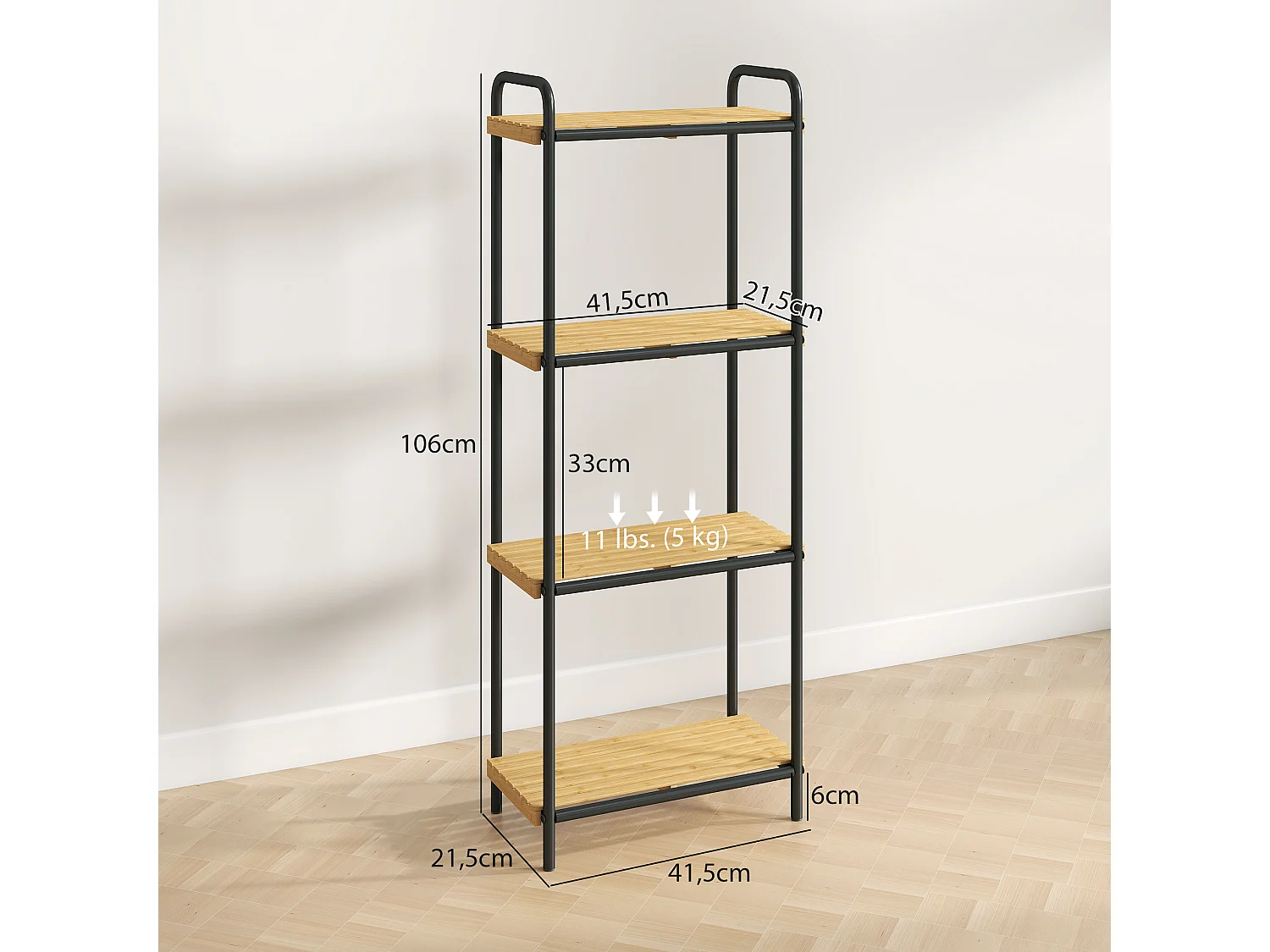 Étagère Salle de Bain Bambou 4 Niveaux Autoportante Noir 41,5 x 21,5 x 106 cm