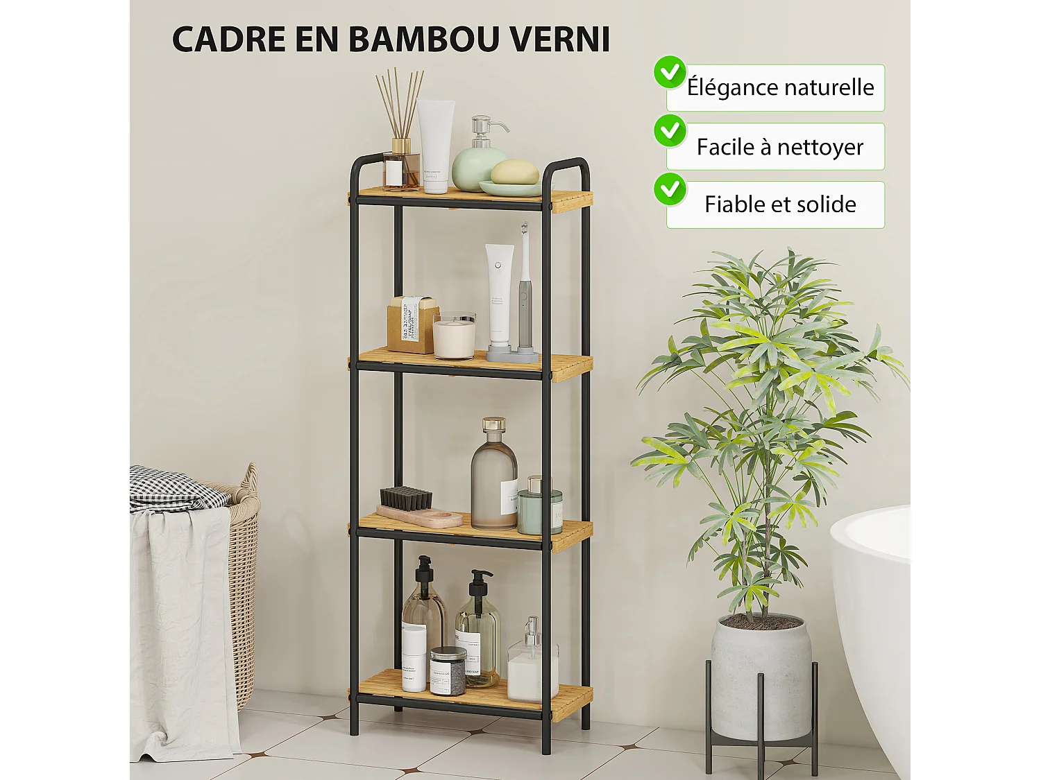 Étagère Salle de Bain Bambou 4 Niveaux Autoportante Noir 41,5 x 21,5 x 106 cm