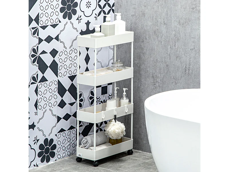 Desserte salle de bain cuisine 4 niveaux 4 crochets amovibles acier plastique blanc