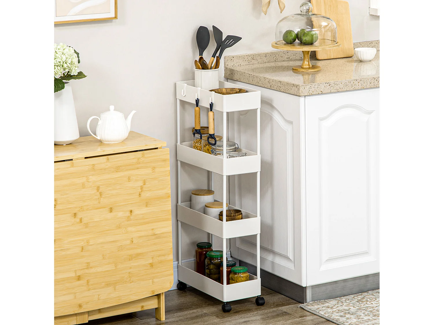 Desserte salle de bain cuisine 4 niveaux 4 crochets amovibles acier plastique blanc