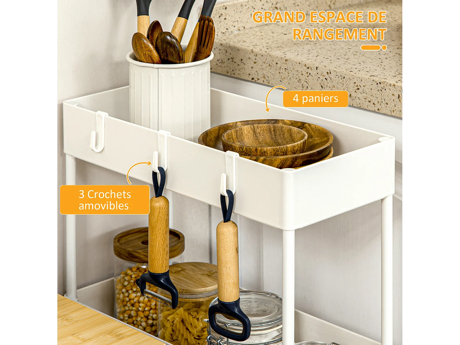 Desserte salle de bain cuisine 4 niveaux 4 crochets amovibles acier plastique blanc