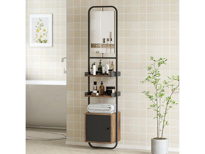 Étagère salle de bain design vintage avec miroir - porte, 2 étagères - 40 x 30 x 179 cm - métal noir effet bois