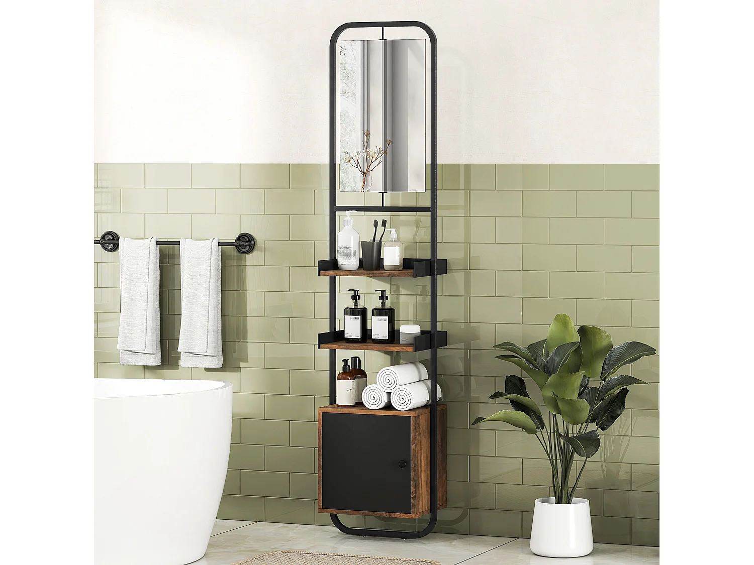 Étagère salle de bain design vintage avec miroir - porte, 2 étagères - 40 x 30 x 179 cm - métal noir effet bois
