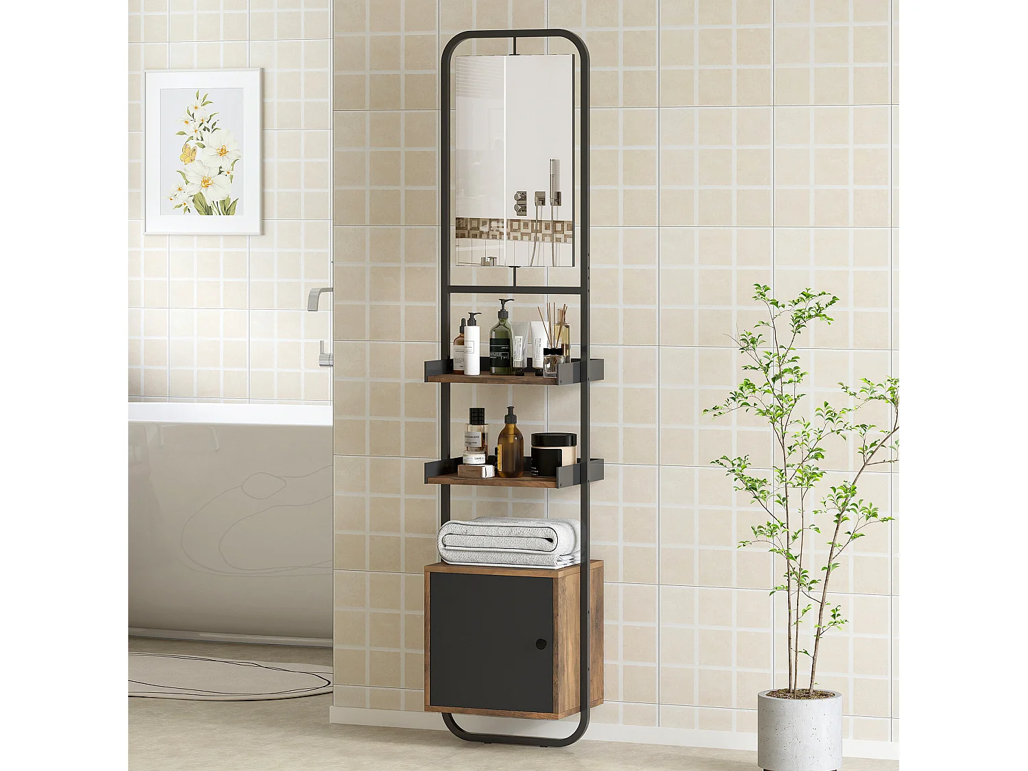 Étagère salle de bain design vintage avec miroir - porte, 2 étagères - 40 x 30 x 179 cm - métal noir effet bois