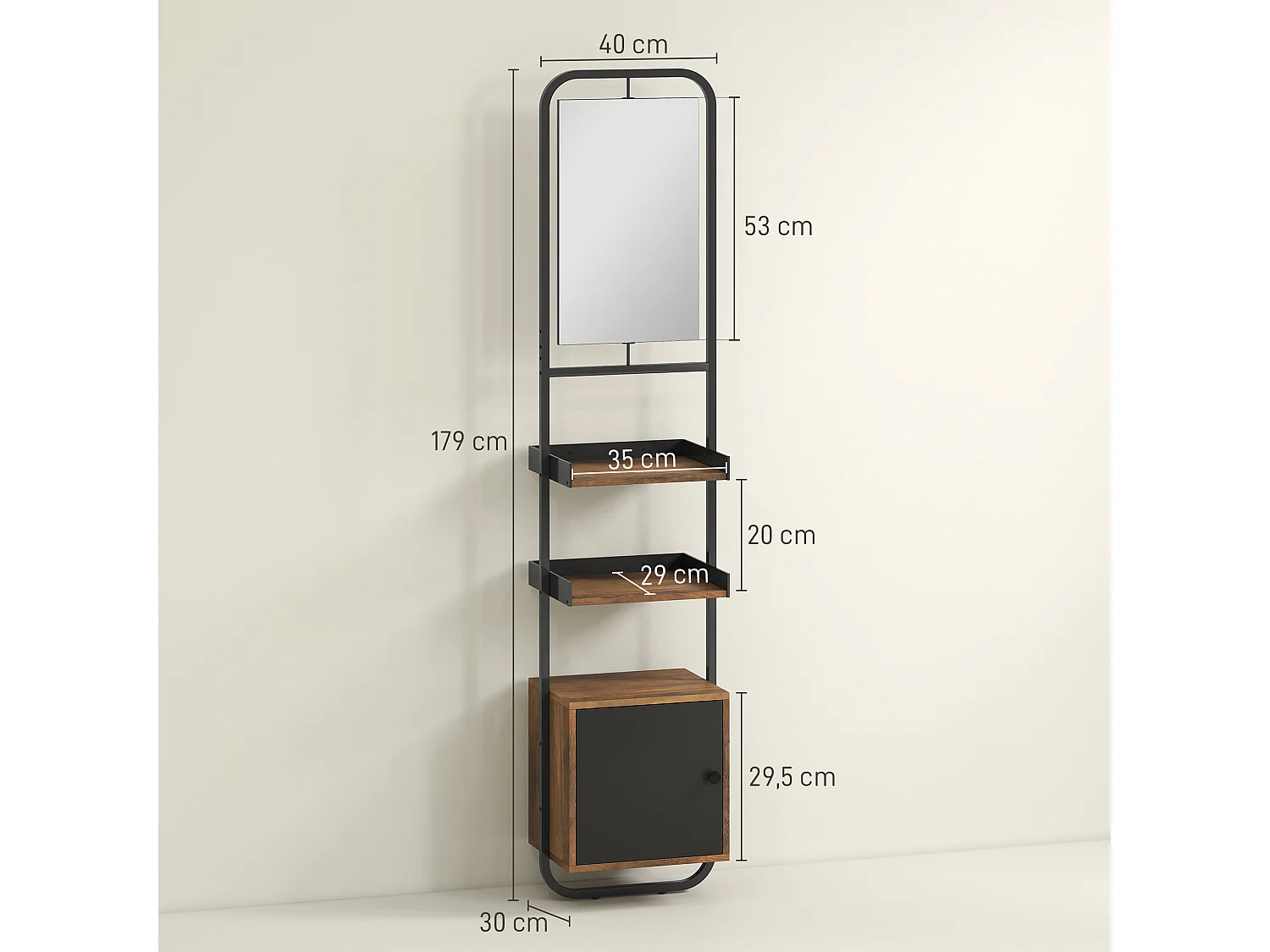 Étagère salle de bain design vintage avec miroir - porte, 2 étagères - 40 x 30 x 179 cm - métal noir effet bois