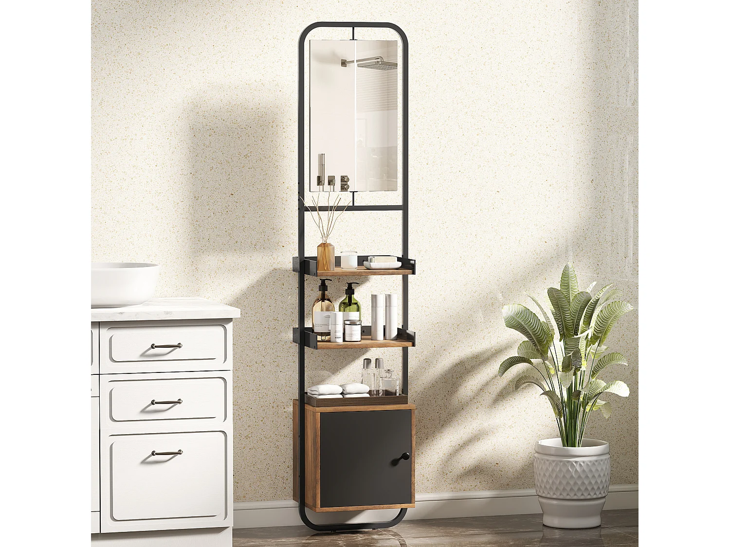 Étagère salle de bain design vintage avec miroir - porte, 2 étagères - 40 x 30 x 179 cm - métal noir effet bois