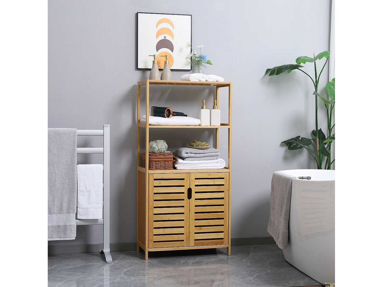 Meuble salle de bain bois bambou 2 portes 3 étagères dim. 60 x 30 x 120 cm naturel