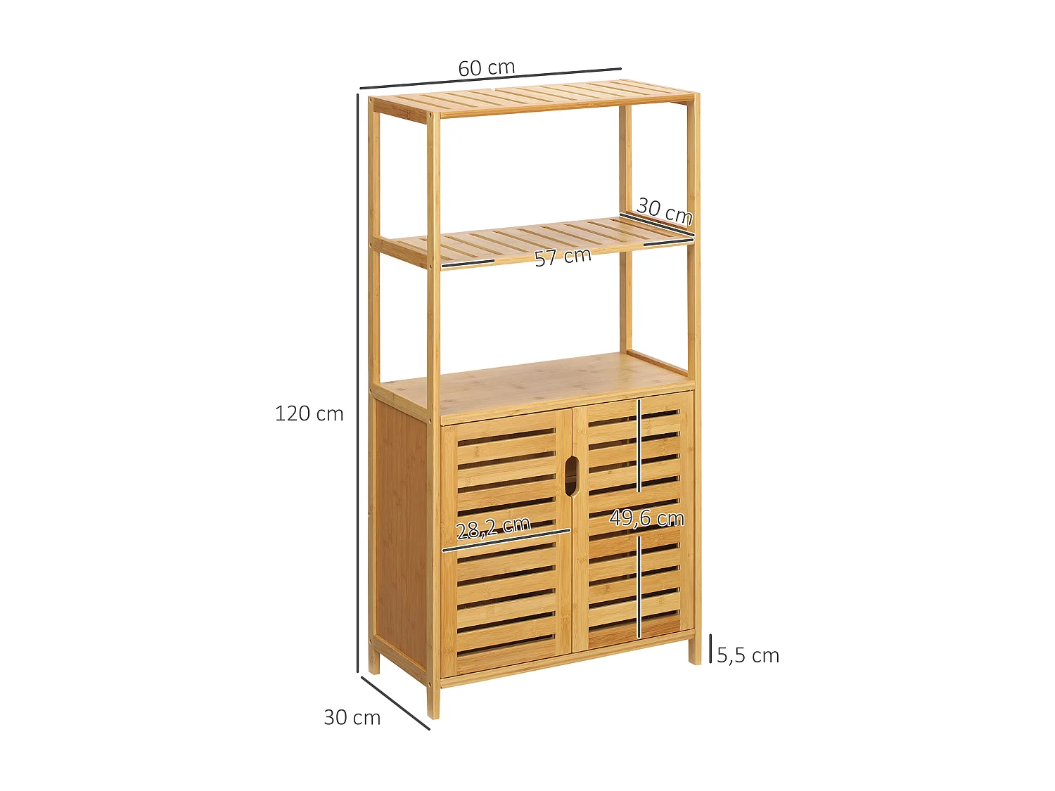 Meuble salle de bain bois bambou 2 portes 3 étagères dim. 60 x 30 x 120 cm naturel