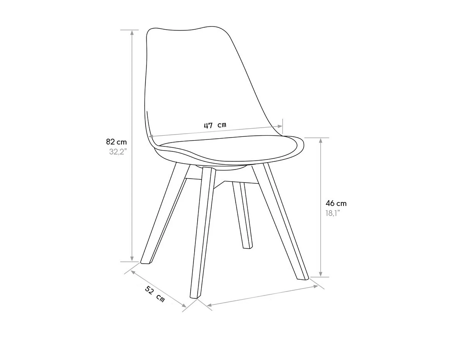 Conjunto de 4 cadeiras em polipropileno cinza-claro, almofada em pele sintética, pernas em madeira de faia, 47x52x82 cm - WYNWOOD