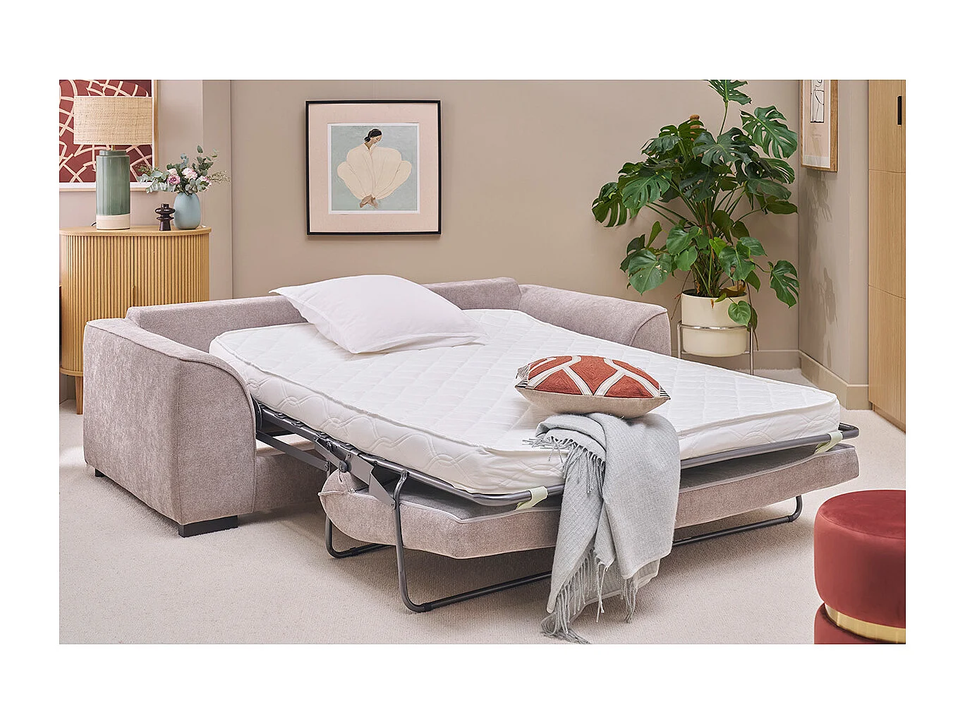 Divano letto 3 posti in tessuto effetto velluto taupe con materasso 12 cm ARMAND