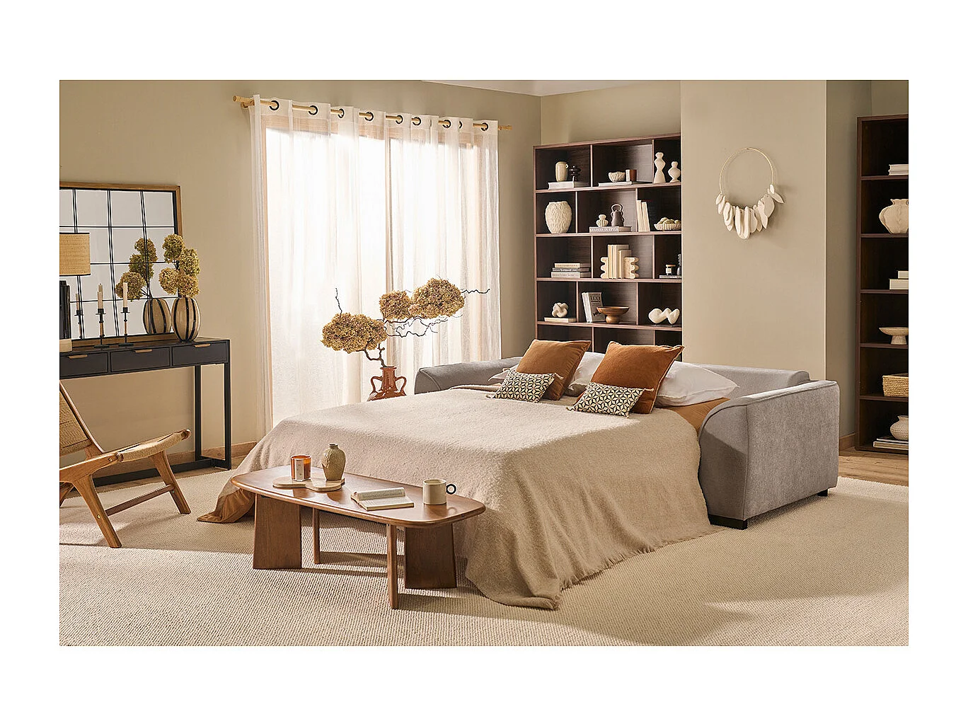 Divano letto 3 posti in tessuto effetto velluto taupe con materasso 12 cm ARMAND