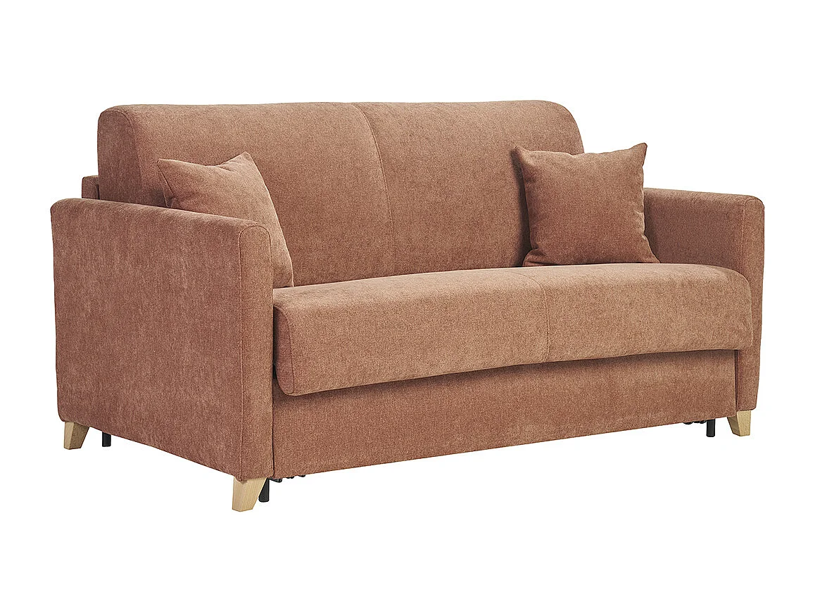 Divano letto 3 posti in tessuto effetto velluto terra bruciata e legno chiaro con materasso 18 cm SKANDY