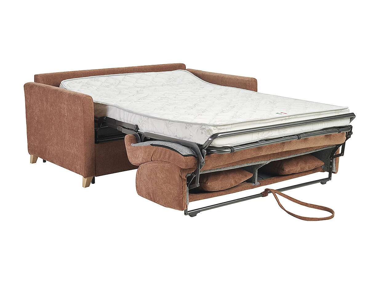 Divano letto 3 posti in tessuto effetto velluto terra bruciata e legno chiaro con materasso 18 cm SKANDY