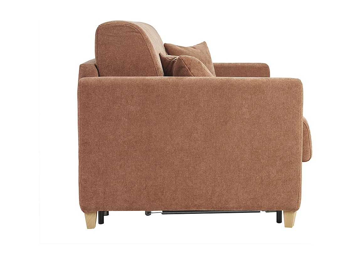 Divano letto 3 posti in tessuto effetto velluto terra bruciata e legno chiaro con materasso 18 cm SKANDY