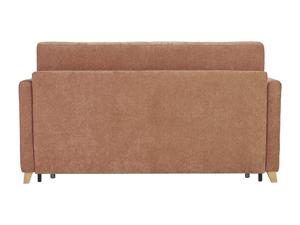 Divano letto 3 posti in tessuto effetto velluto terra bruciata e legno chiaro con materasso 18 cm SKANDY