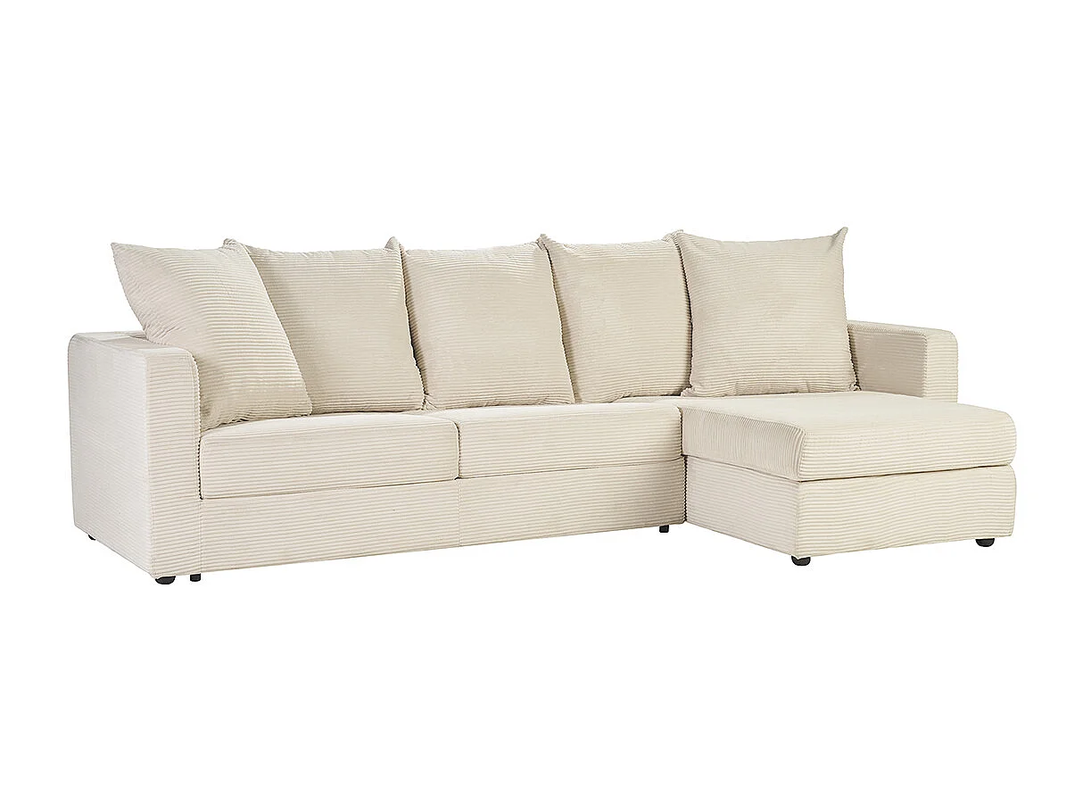 Canapé d'angle droit convertible 4 places en tissu velours côtelé beige avec matelas 13 cm BACIO