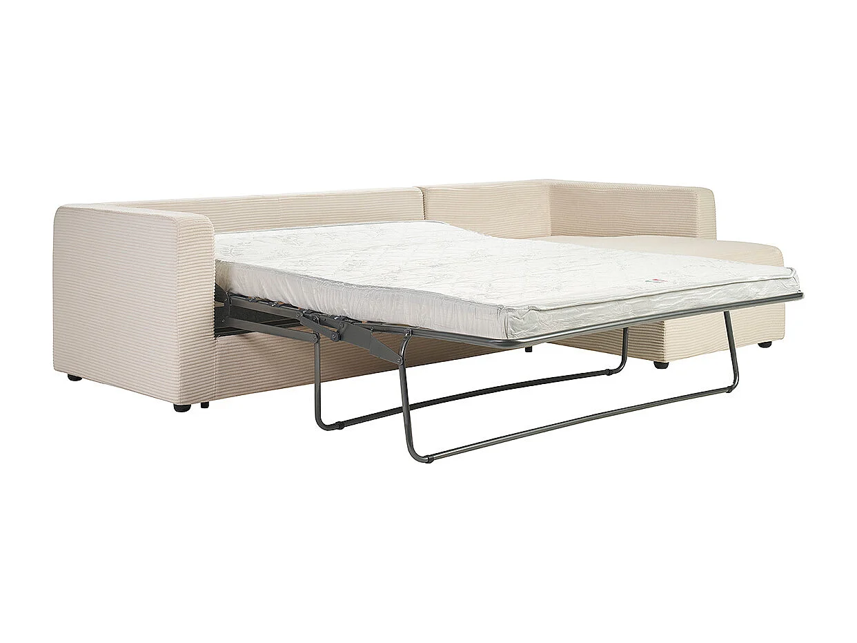 Canapé d'angle droit convertible 4 places en tissu velours côtelé beige avec matelas 13 cm BACIO