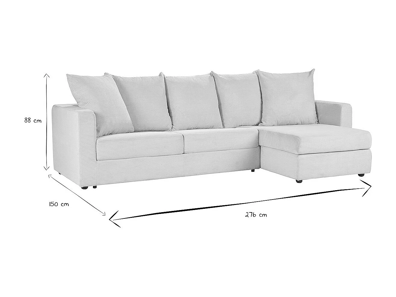 Canapé d'angle droit convertible 4 places en tissu velours côtelé beige avec matelas 13 cm BACIO