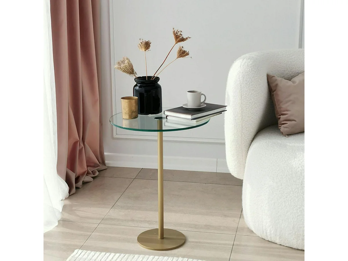 Bout de canapé rond en verre, pied métal doré Ø40 cm TULUM