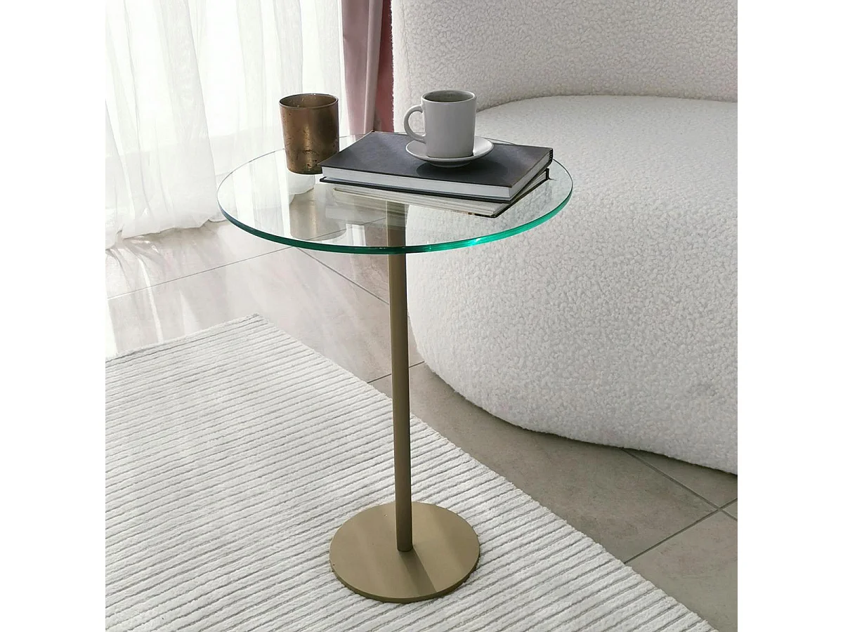Bout de canapé rond en verre, pied métal doré Ø40 cm TULUM