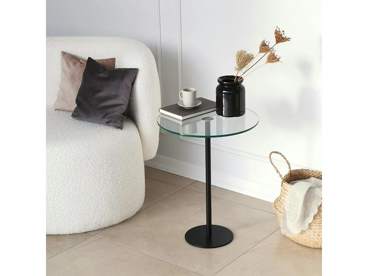 Bout de canapé rond en verre, pied métal noir Ø40 cm TULUM