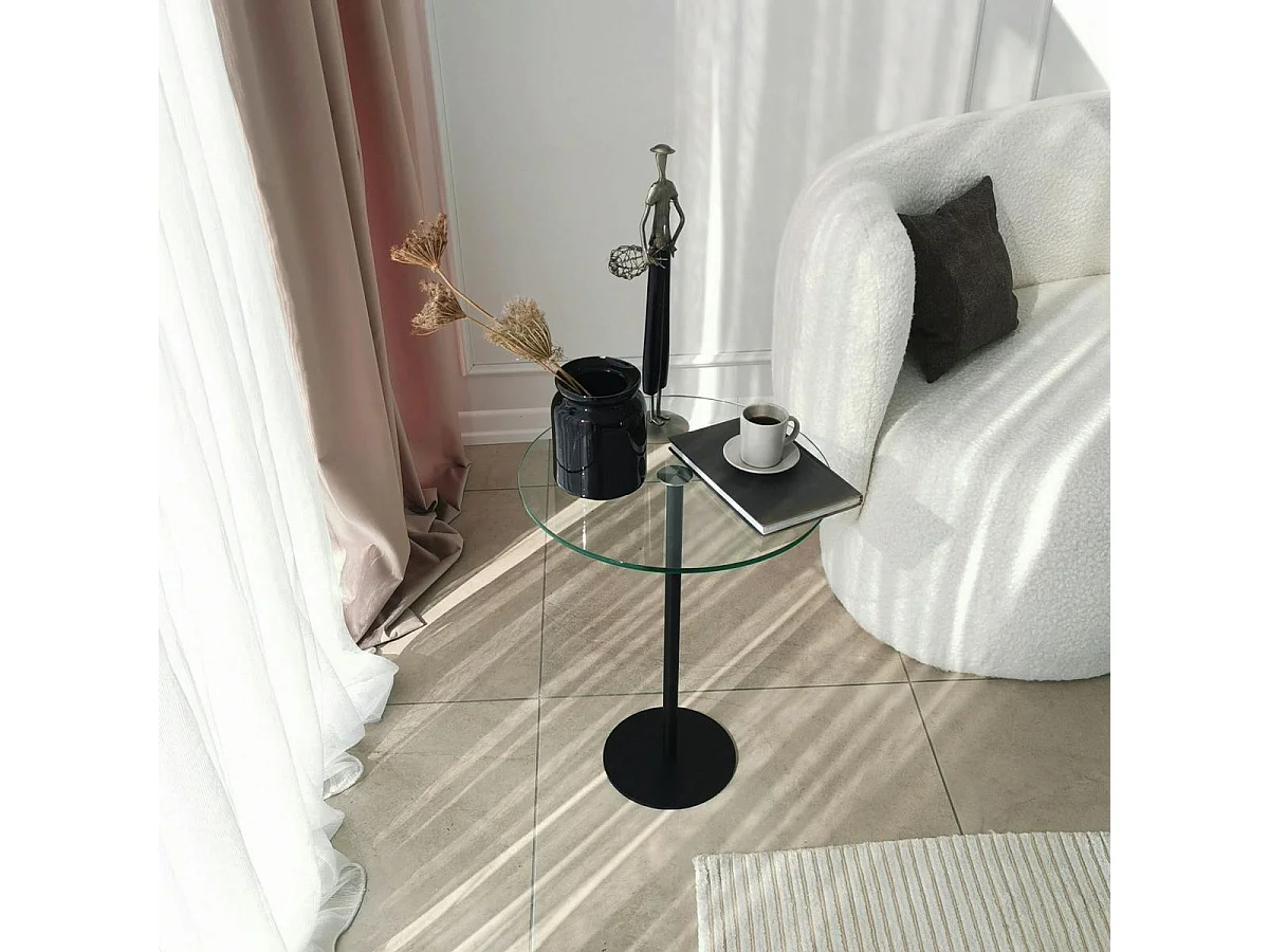 Bout de canapé rond en verre, pied métal noir Ø40 cm TULUM