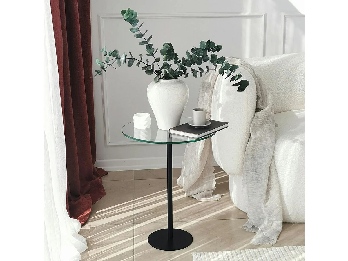 Bout de canapé rond en verre, pied métal noir Ø40 cm TULUM