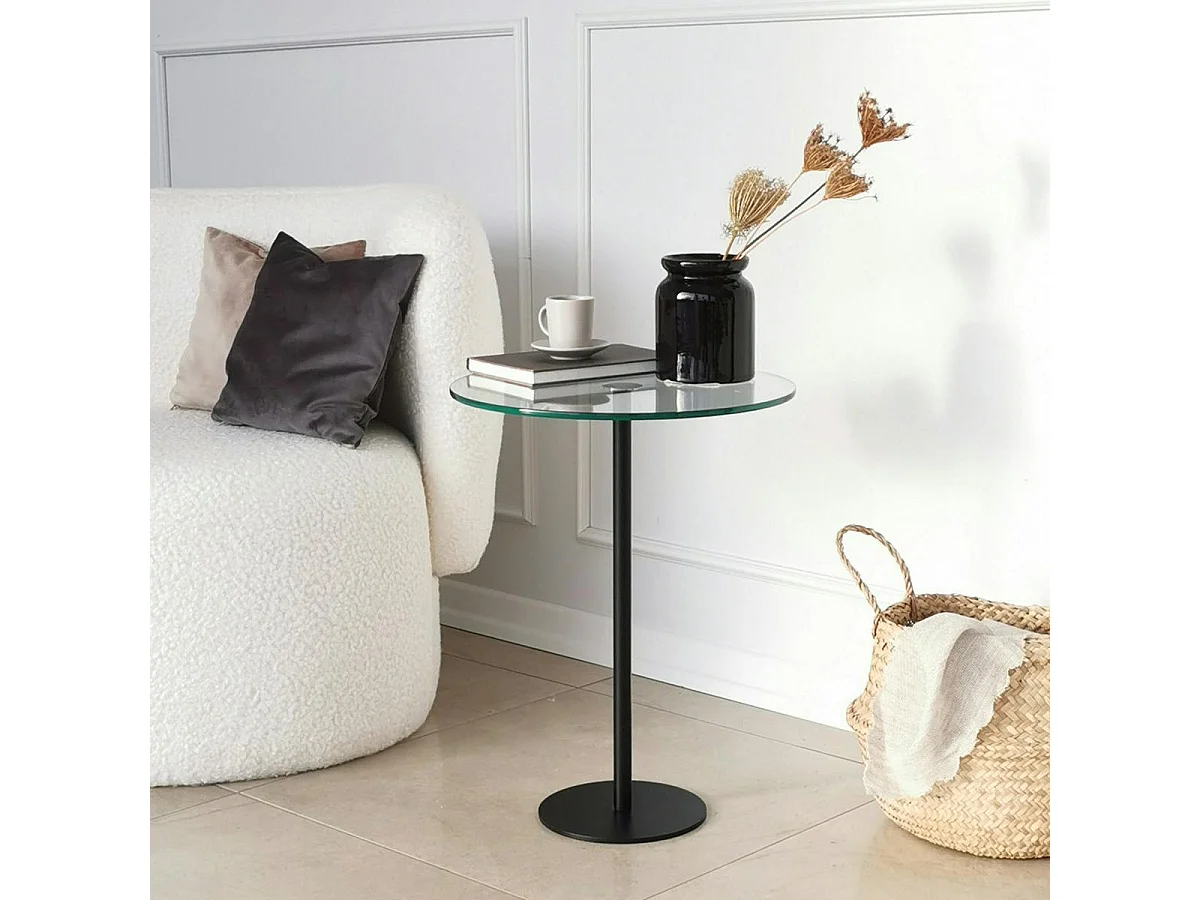 Bout de canapé rond en verre, pied métal noir Ø40 cm TULUM