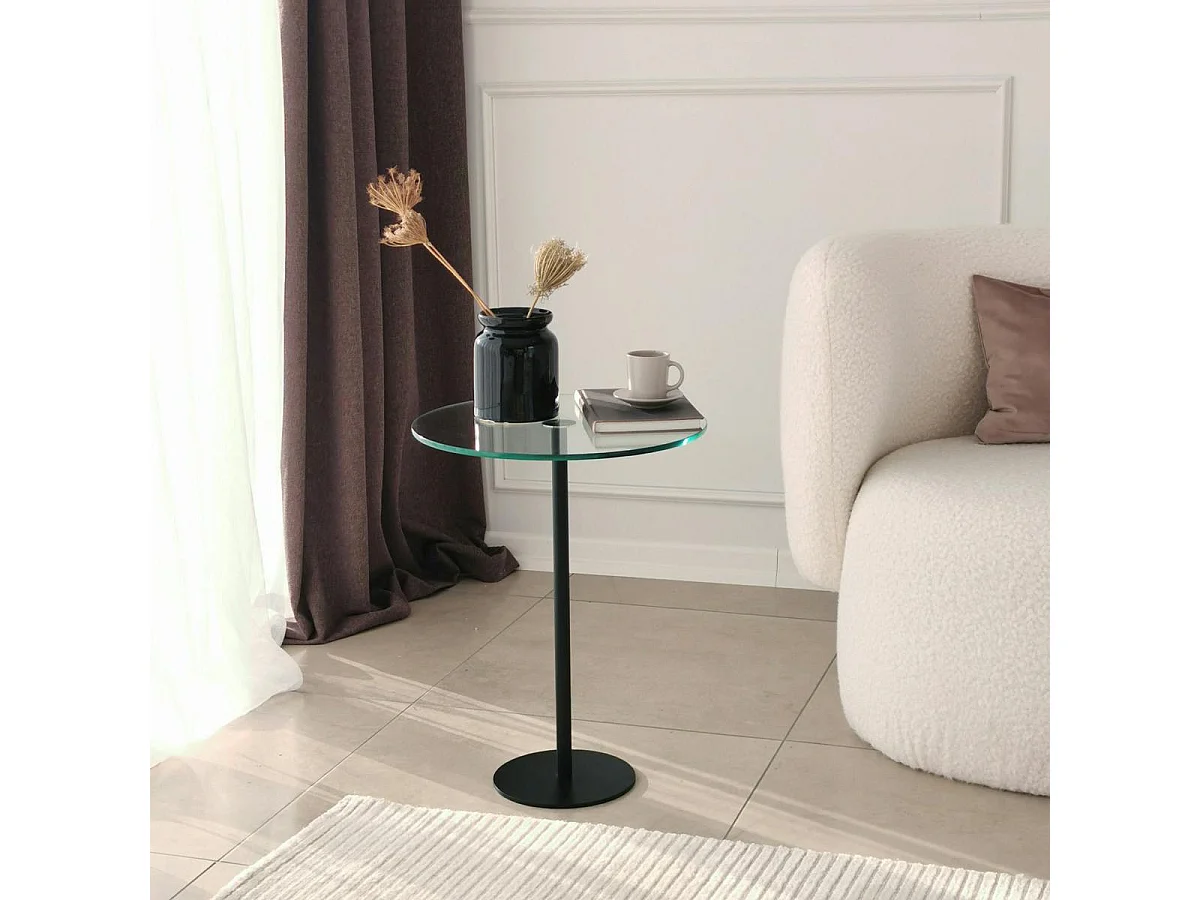 Bout de canapé rond en verre, pied métal noir Ø40 cm TULUM
