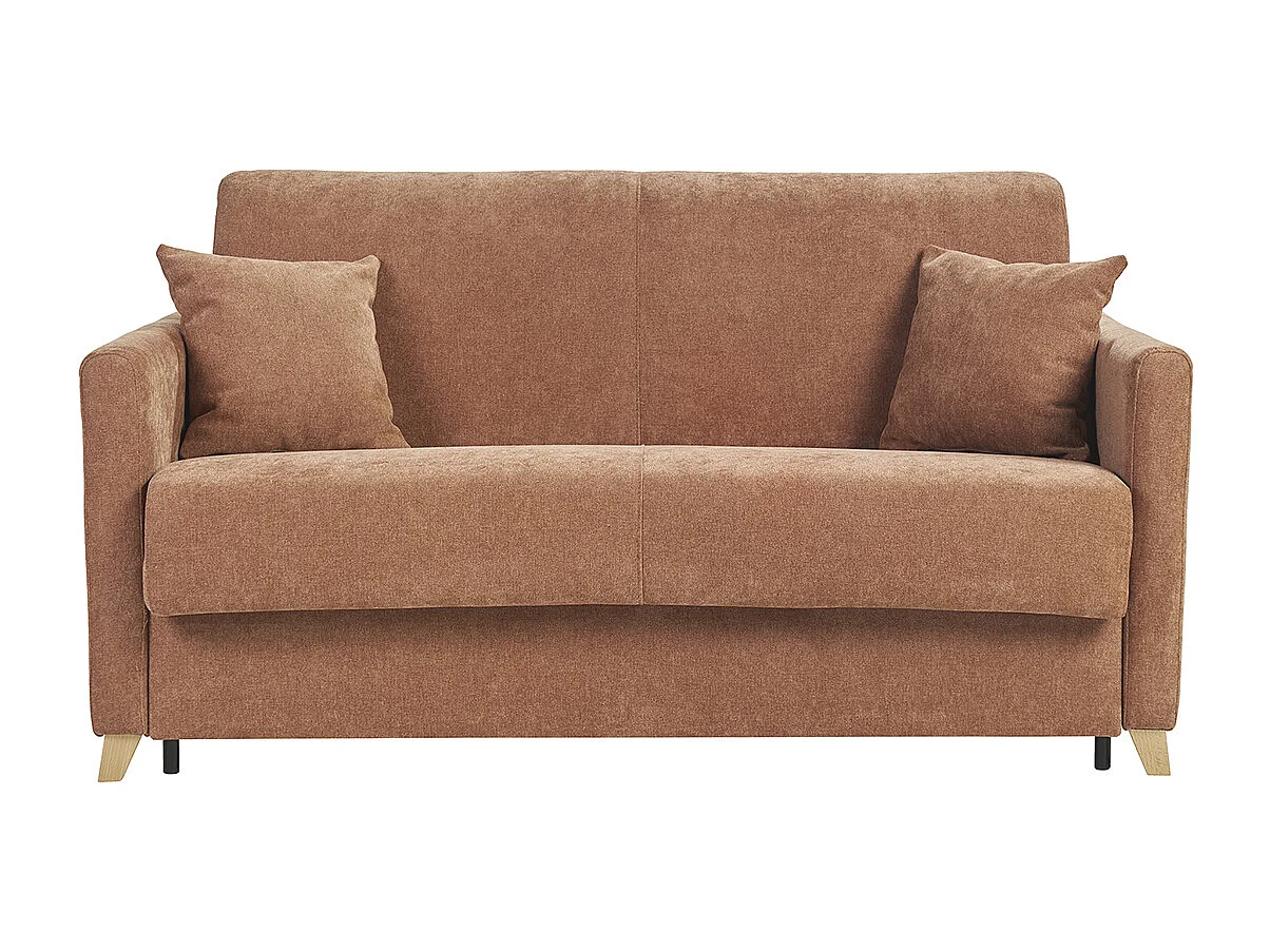 Schlafsofa 2-3 Sitzer in Samt-Effekt Stoff gebrannte Erde und helles Holz mit 13 cm Matratze SKANDY