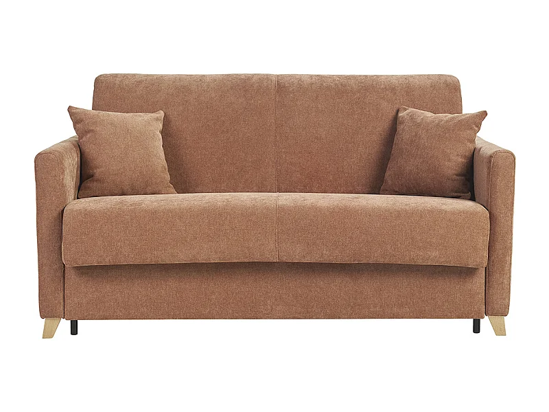 Schlafsofa 2-3 Sitzer in Samt-Effekt Stoff gebrannte Erde und helles Holz mit 13 cm Matratze SKANDY