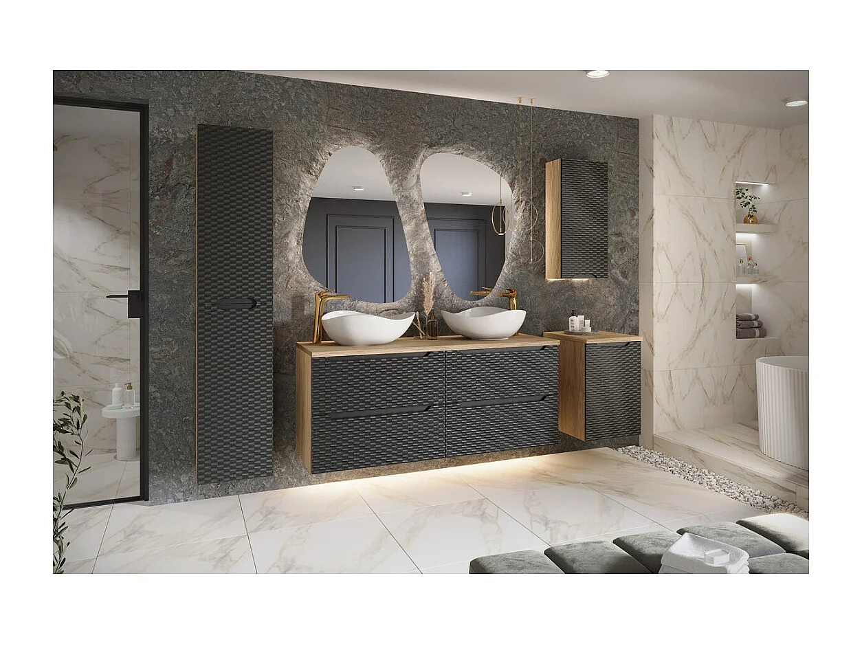 Colonne de salle de bain YOKA – 2 portes – Chêne clair et noir – L35 × P33 × H170 cm – À suspendre