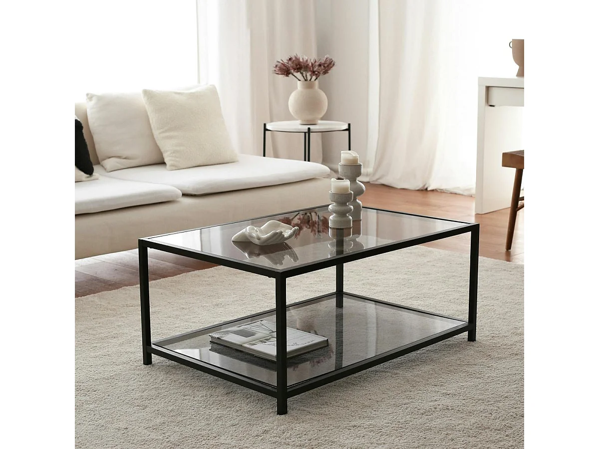 Table basse en verre fumé rectangulaire, 2 plateaux TULUM