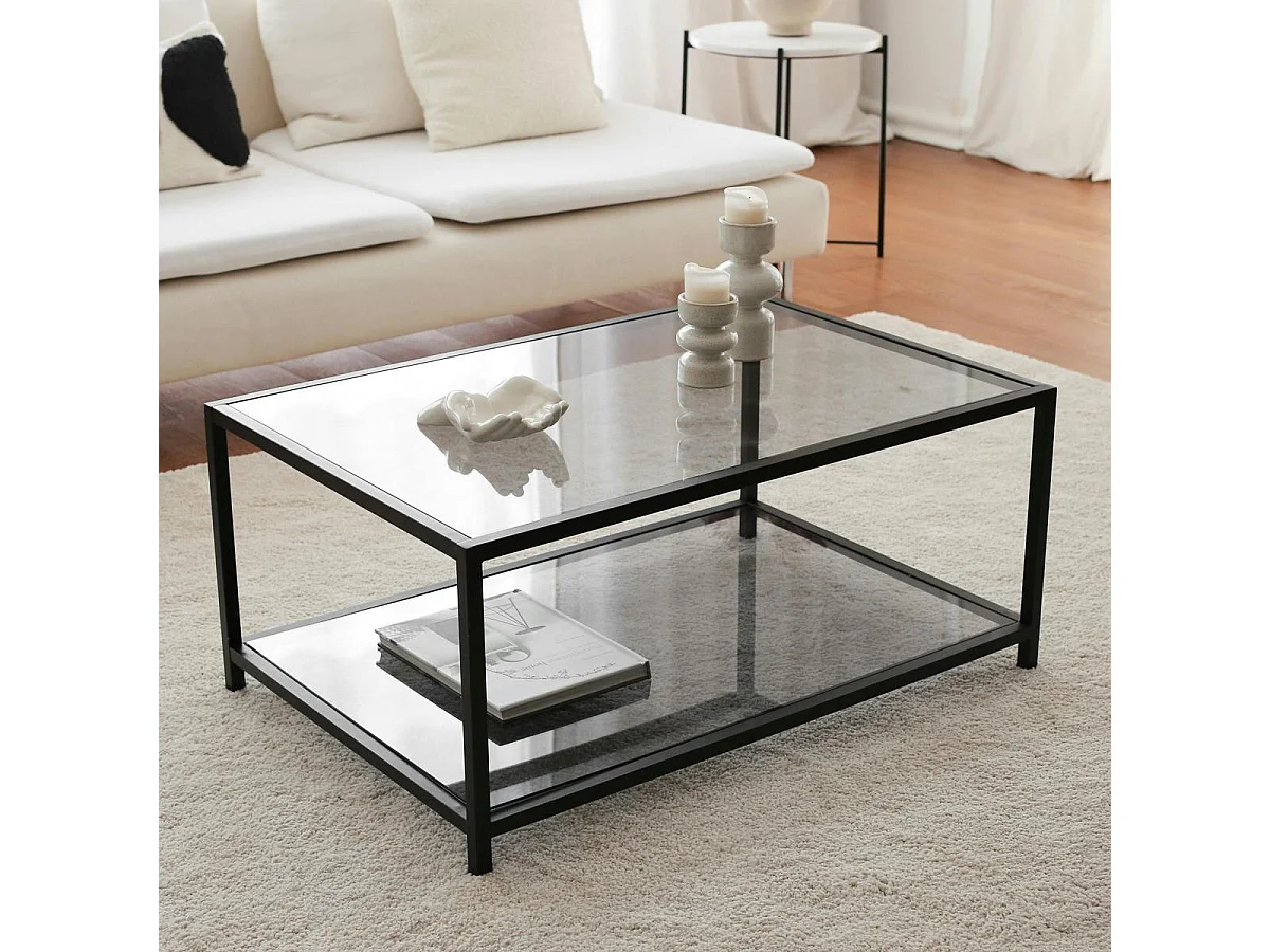 Table basse en verre fumé rectangulaire, 2 plateaux TULUM