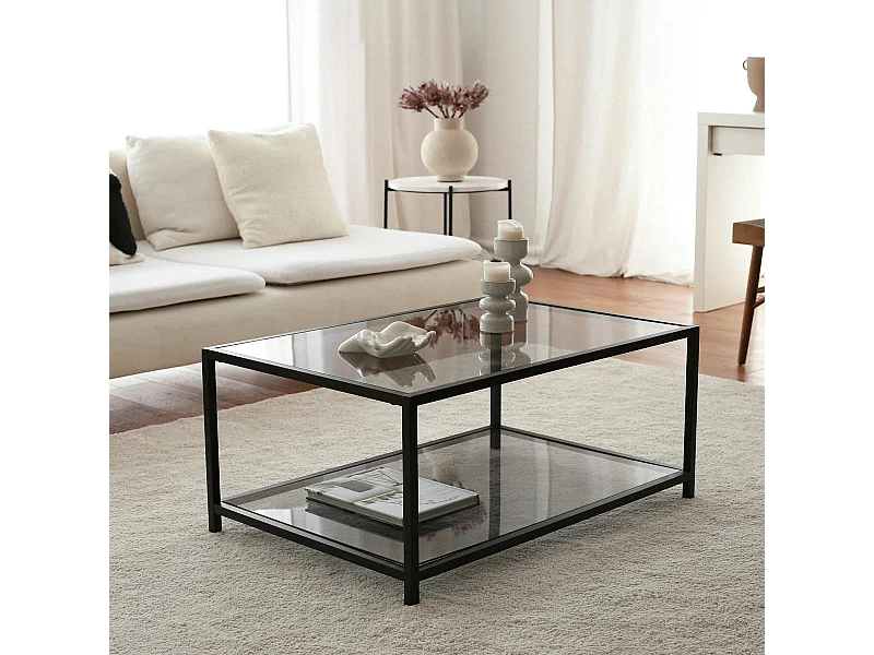 Table basse en verre fumé rectangulaire, 2 plateaux TULUM