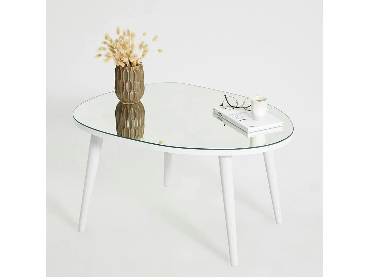 Table basse miroir forme organique pieds blancs TULUM