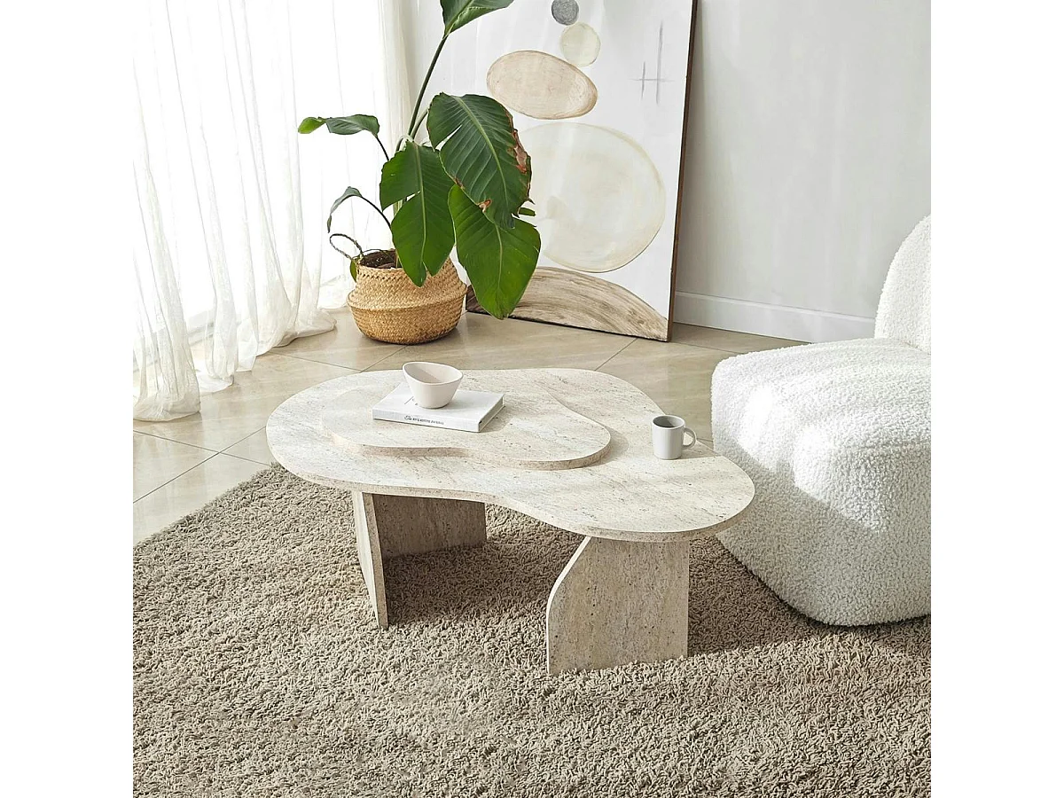 Table basse design organique effet travertin 2 plateaux MARFA