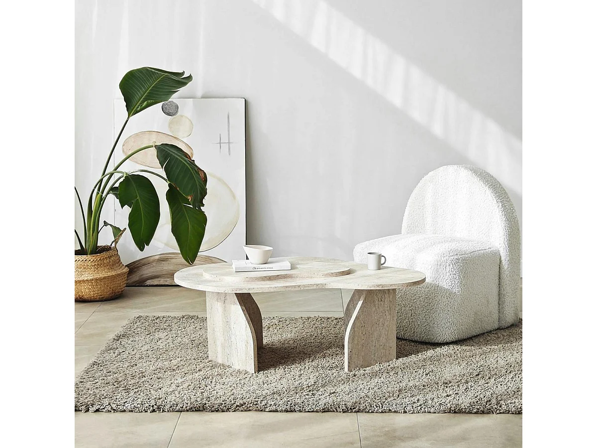 Table basse design organique effet travertin 2 plateaux MARFA