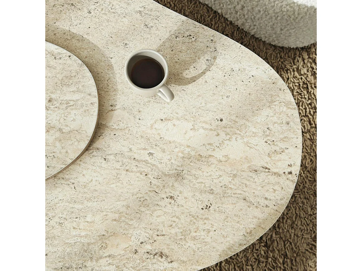 Table basse design organique effet travertin 2 plateaux MARFA