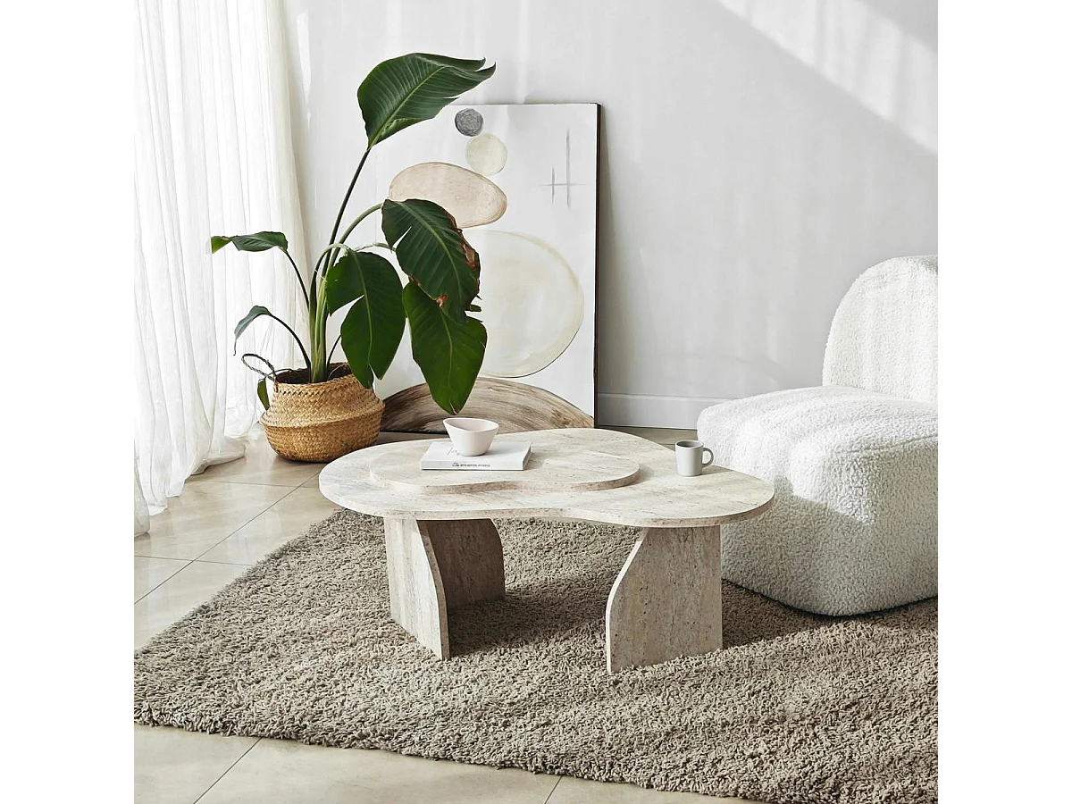 Table basse design organique effet travertin 2 plateaux MARFA