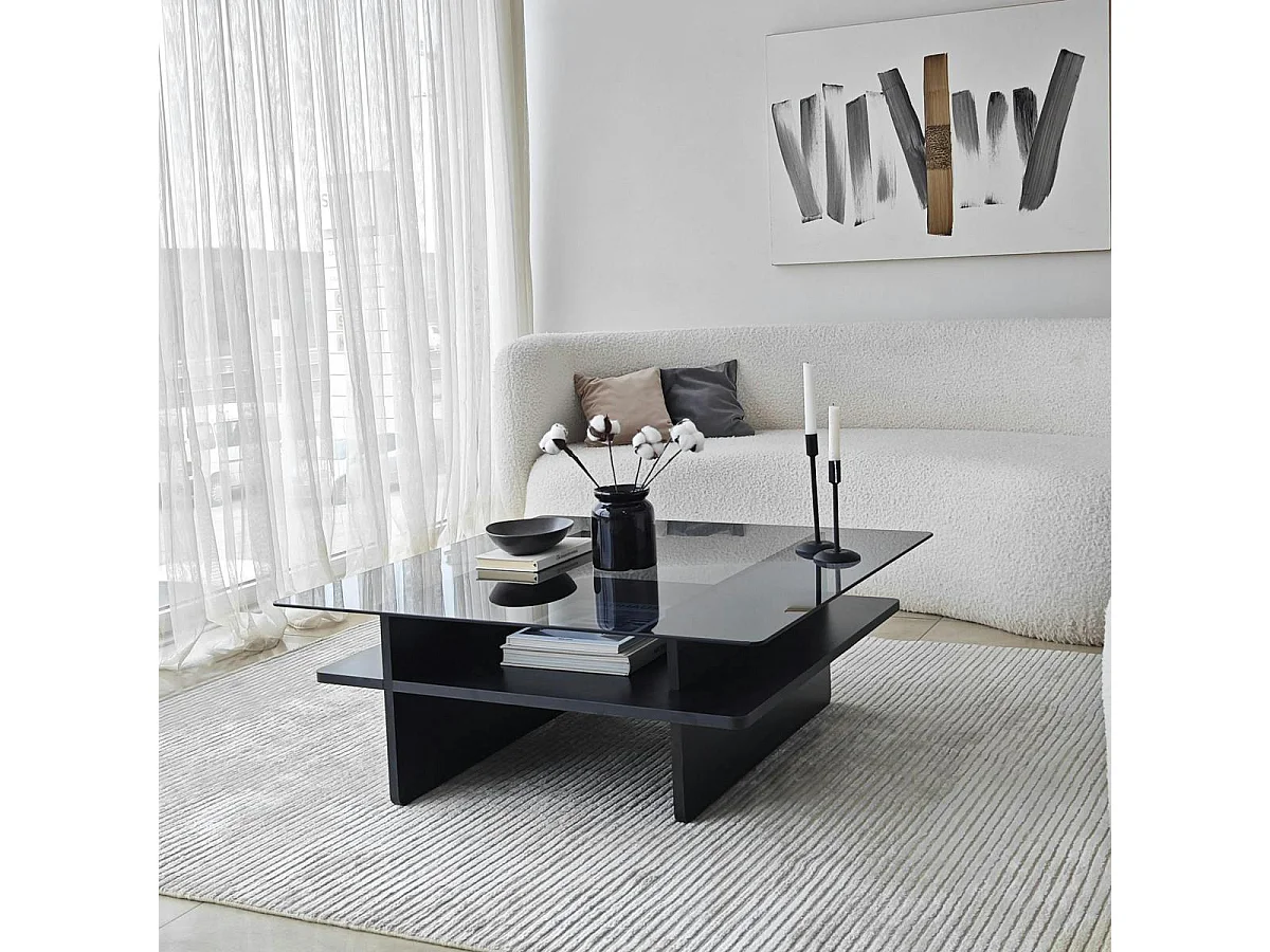Table basse verre fumé carrée, base noire SALTA
