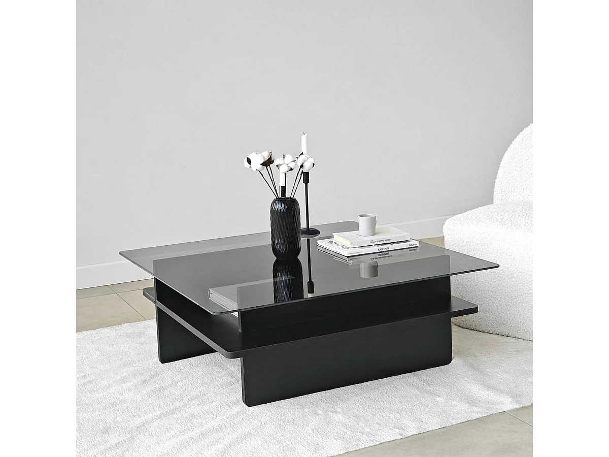 Table basse verre fumé carrée, base noire SALTA