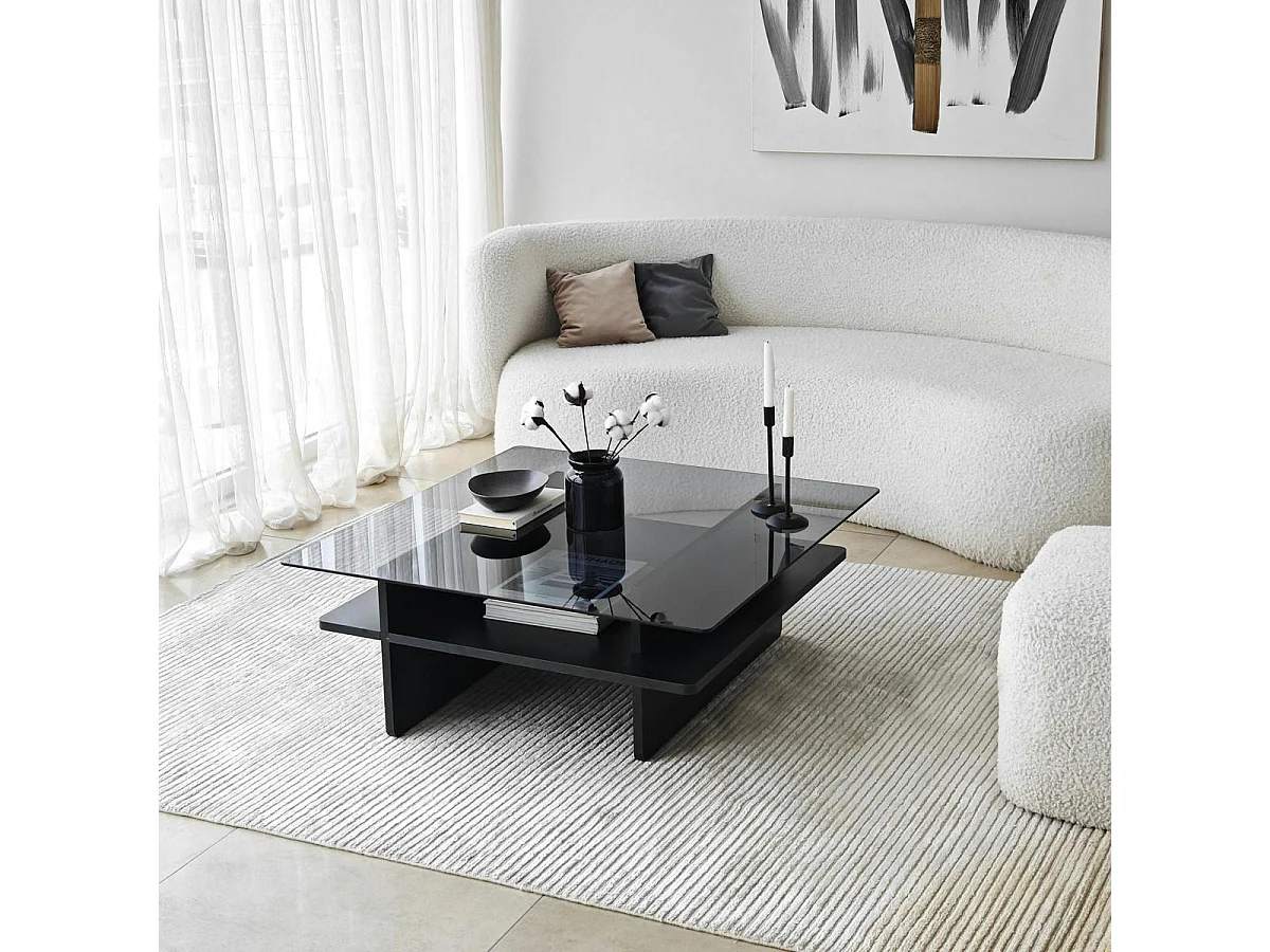 Table basse verre fumé carrée, base noire SALTA