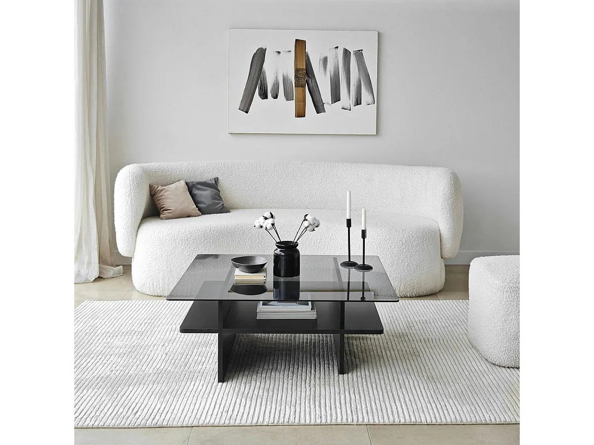 Table basse verre fumé carrée, base noire SALTA