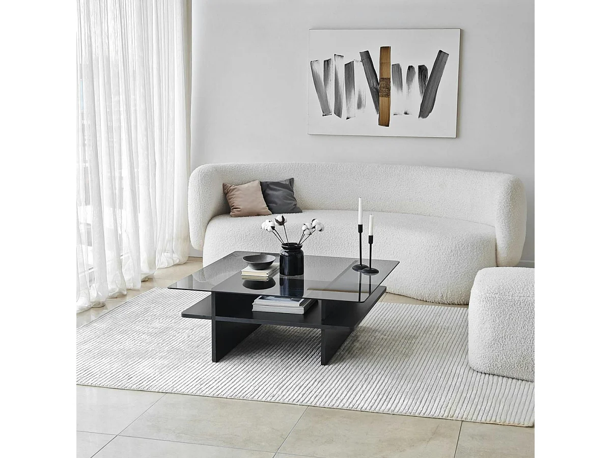 Table basse verre fumé carrée, base noire SALTA