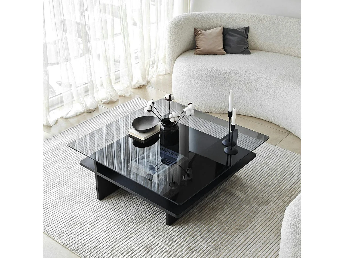 Table basse verre fumé carrée, base noire SALTA
