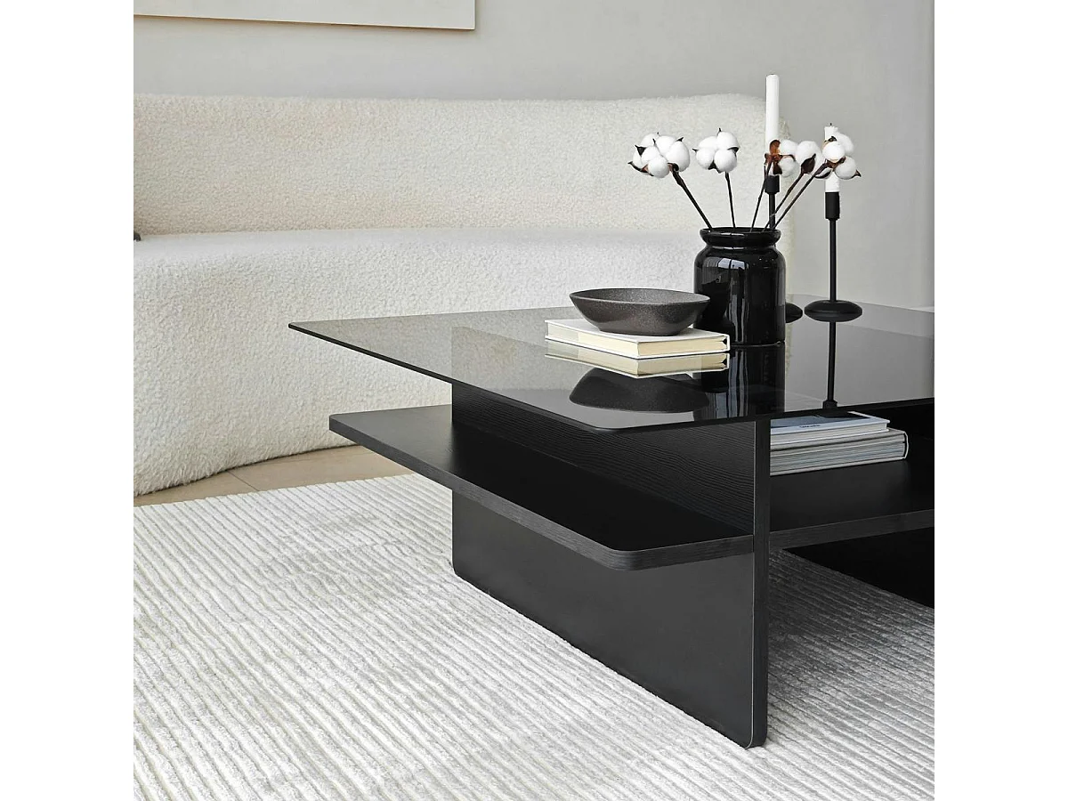 Table basse verre fumé carrée, base noire SALTA