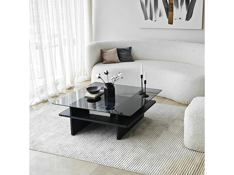 Table basse verre fumé carrée, base noire SALTA