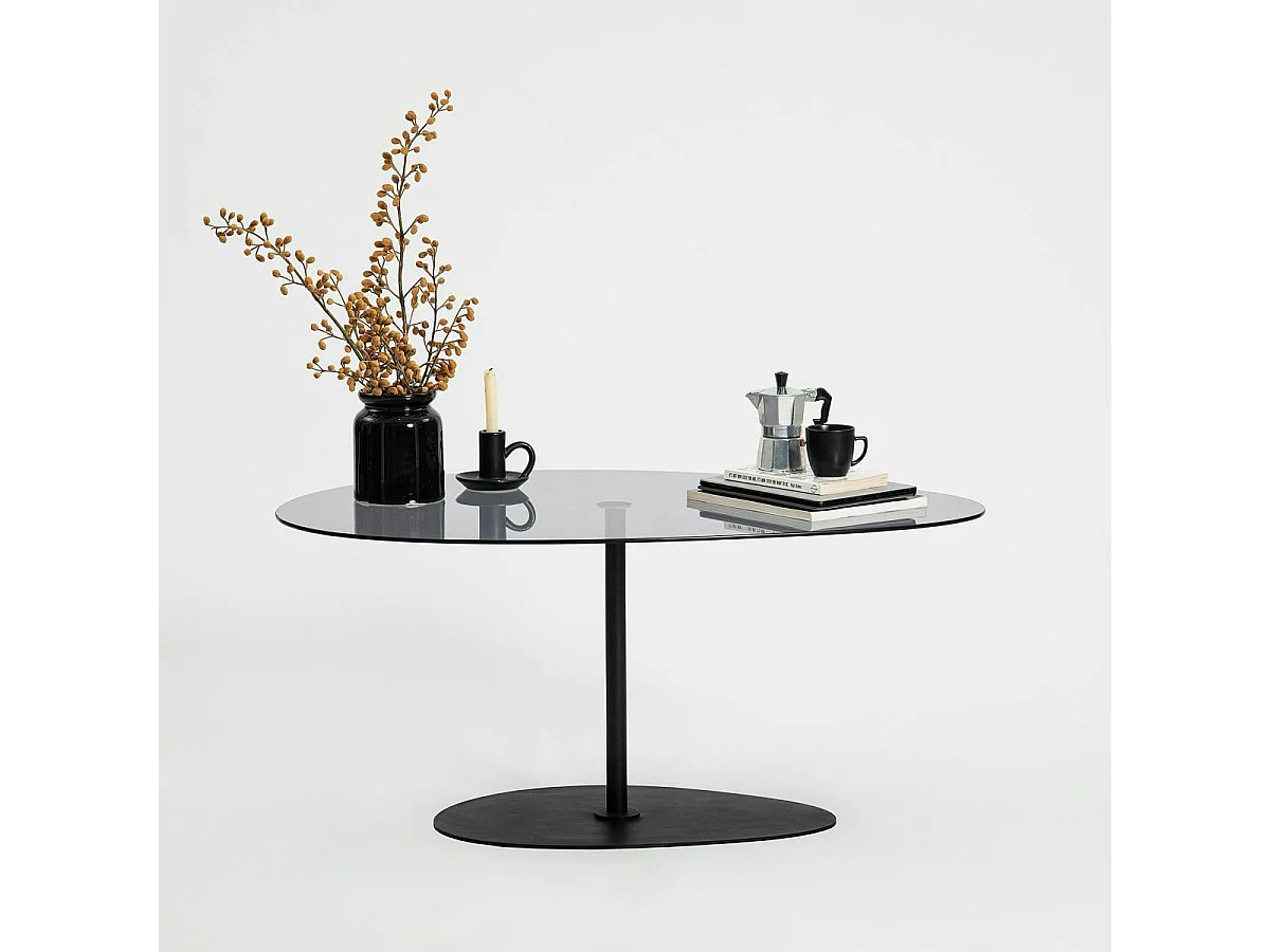 Table basse verre fumé, forme triangle organique TULUM