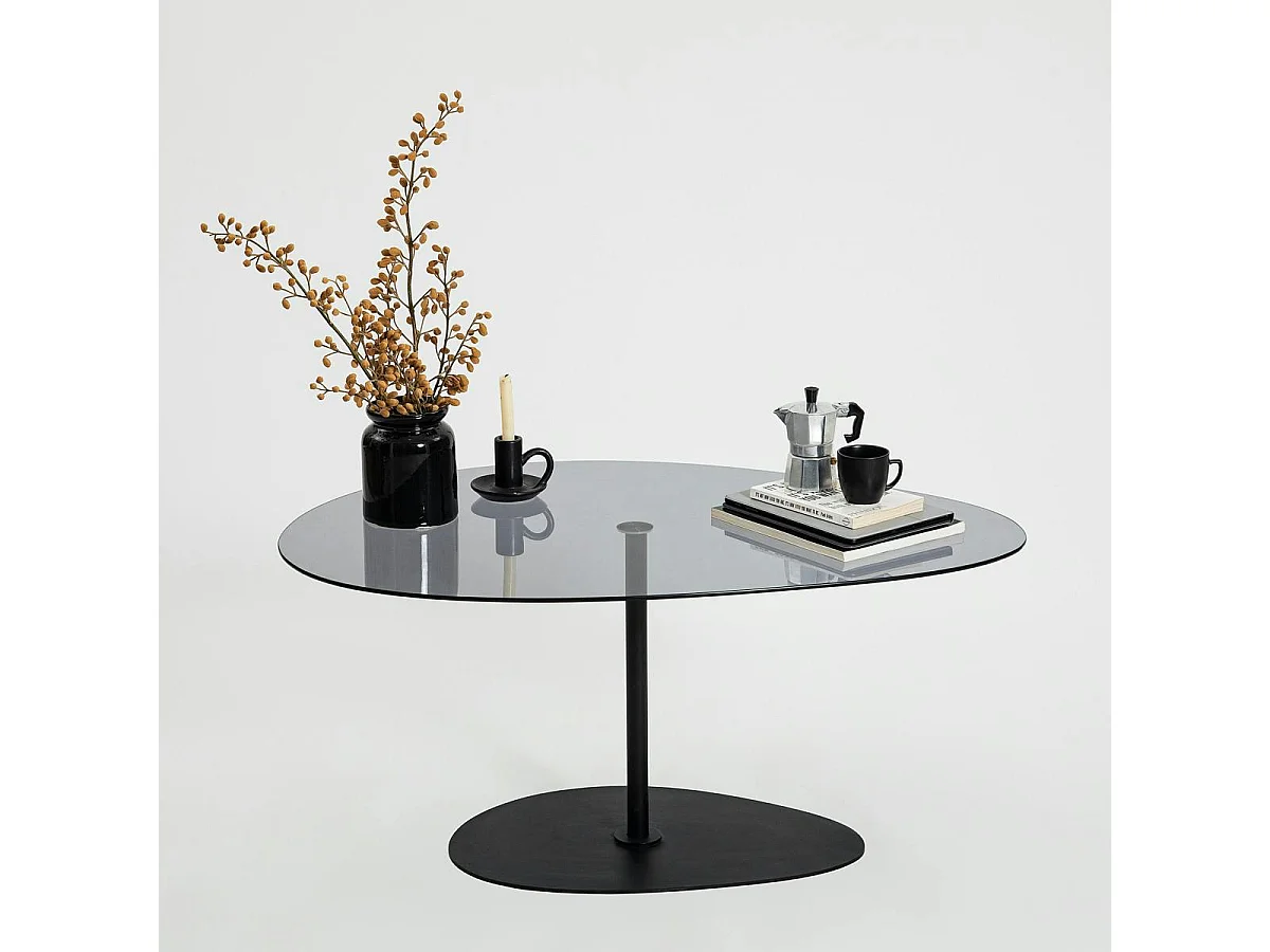 Table basse verre fumé, forme triangle organique TULUM